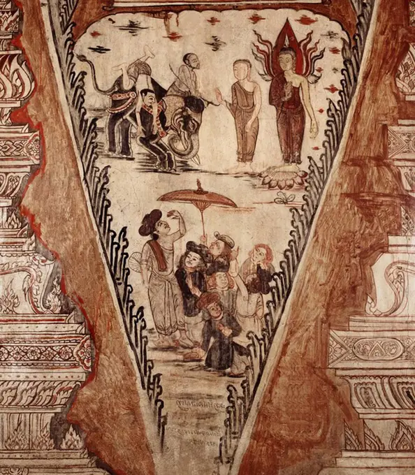 Buddha confounds the heretics, detail of mural dating from 1734, at Wat Ko Keo Suttharam, Petchaburi, Thailand, Southeast Asia, Asia