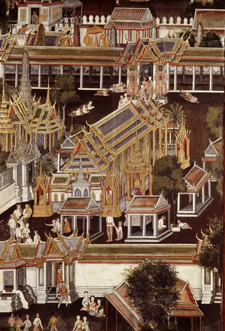 Detail of a mural painting depicting the Temple of the Emerald Buddha, in the Ordination Pavilion of King Rama V in the Marble Temple, Bangkok, Thaila...