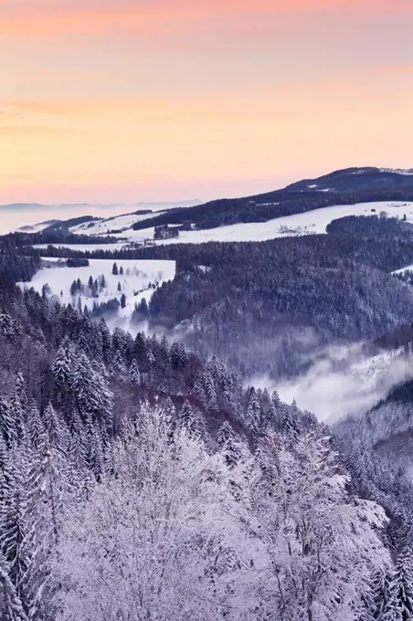 View from Black Forest Highway to Glottertal Tal Valley at sunset, Black Forest, Baden-Wurttemberg, Germany, Europe