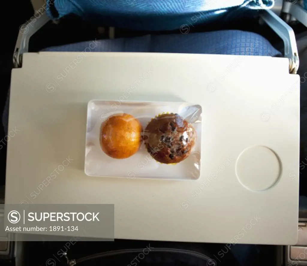 High angle view of food served in an airplane