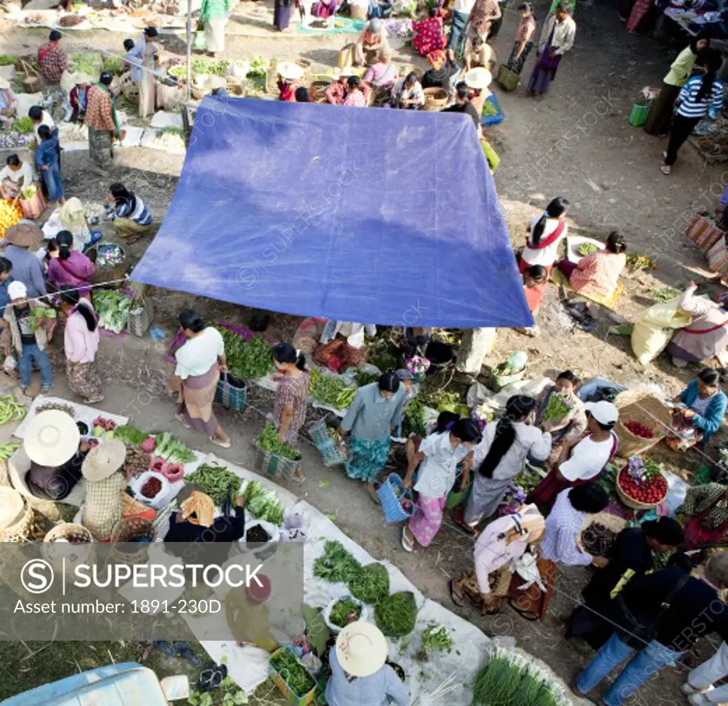 High angle view of a street market, Myanmar