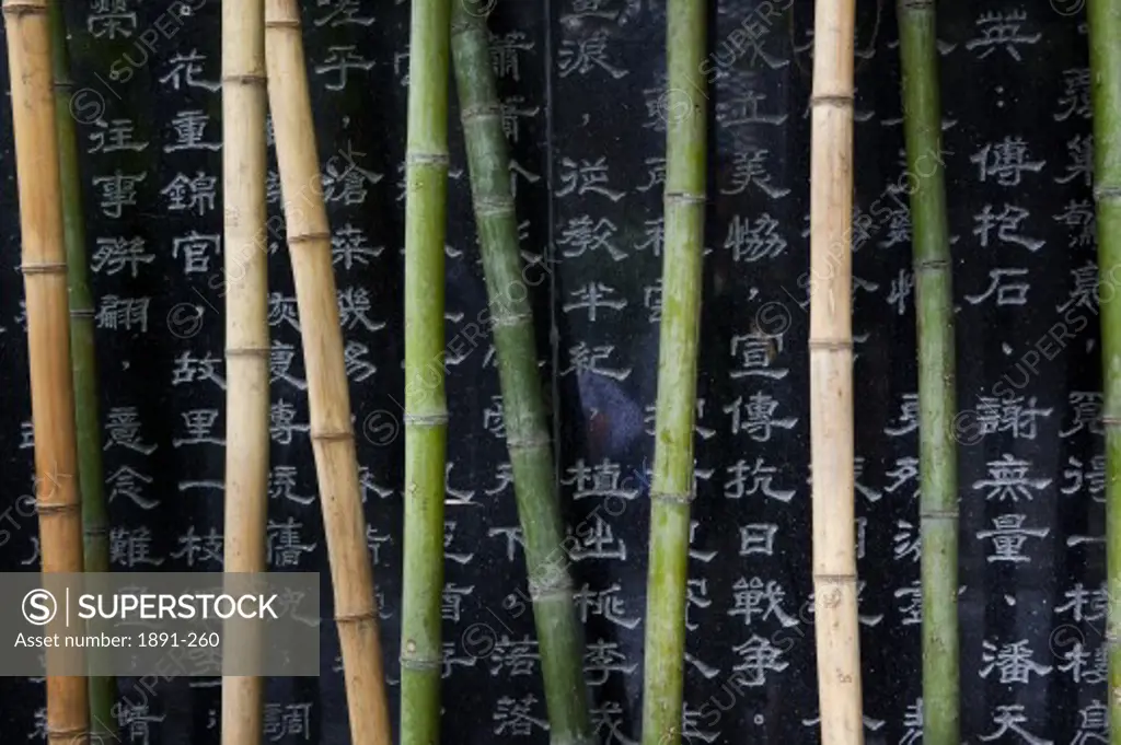 Close-up of bamboos with Chinese script, China