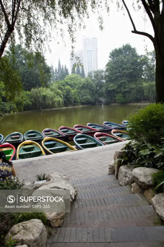 Rental boats in a lake, Chengdu Park, Chengdu, Sichuan Province, China
