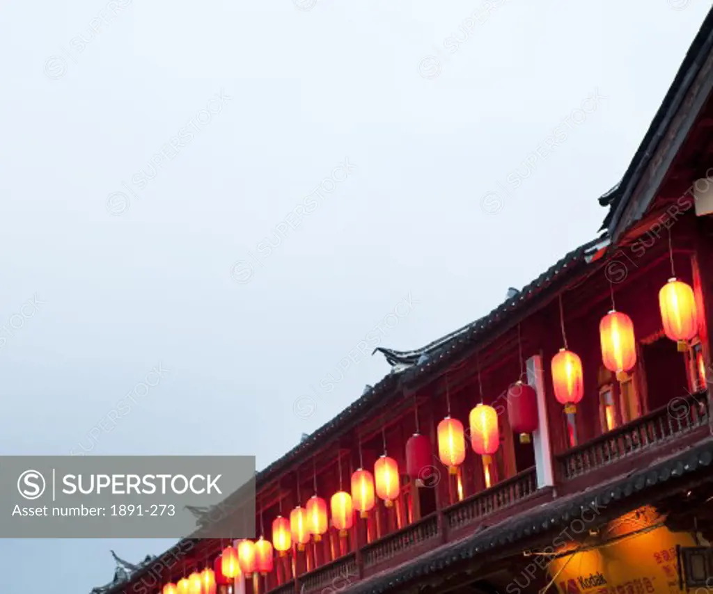 Chinese lanterns hanging at a building, China