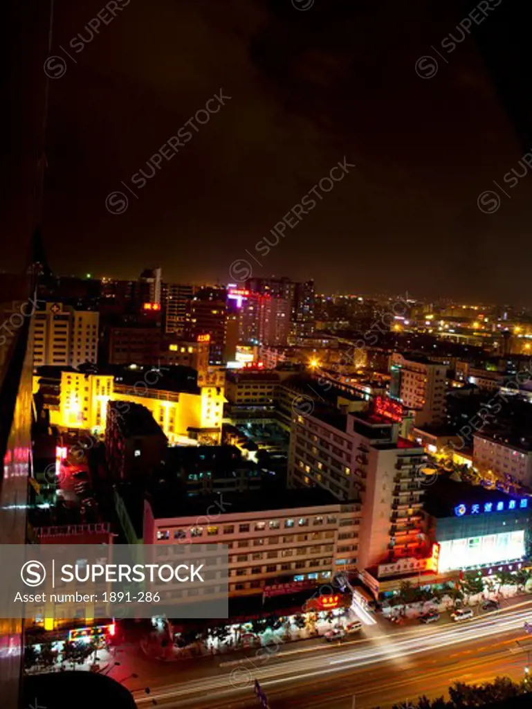 Buildings lit up at night, Chengdu, Sichuan Province, China