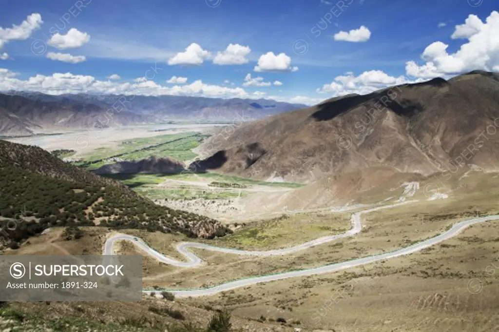 High angle view of roads passing through mountains, Tibet,