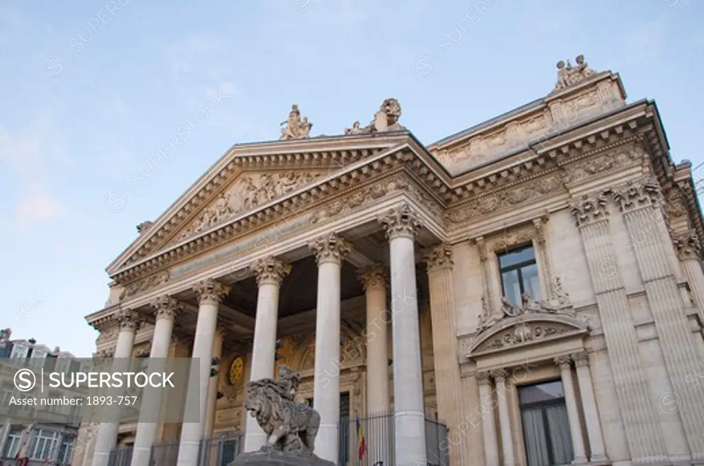 Belgium, Brussels, Low angle view of La main entrance to Brussels Stock Exchange La Bourse