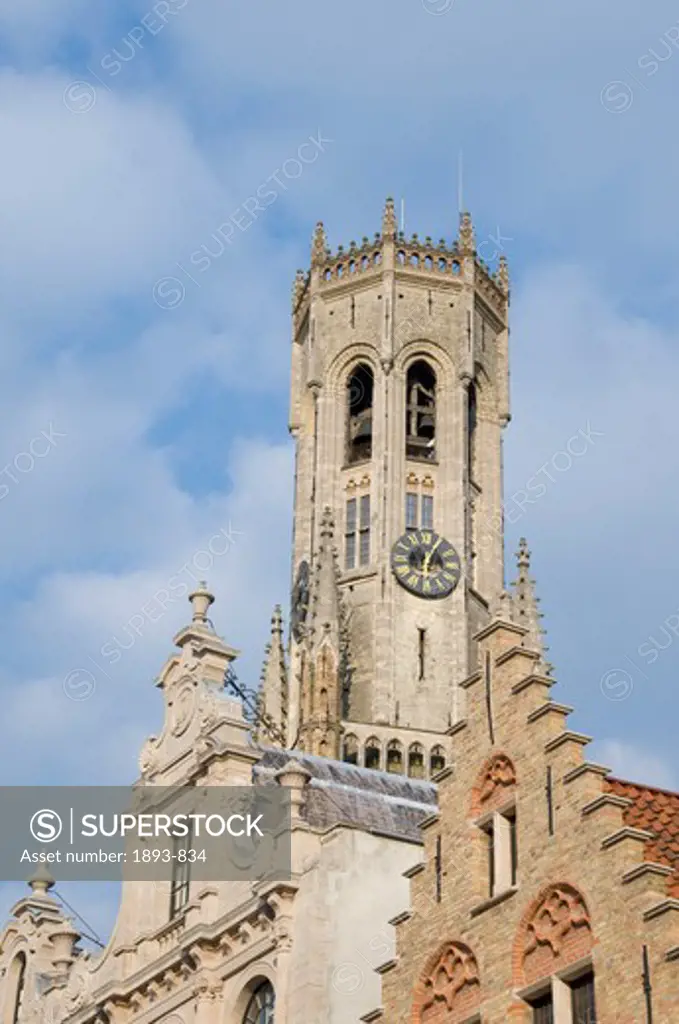Low angle view of a bell tower, Belfry Tower, Market Square, Bruges, West Flanders, Flemish Region, Belgium