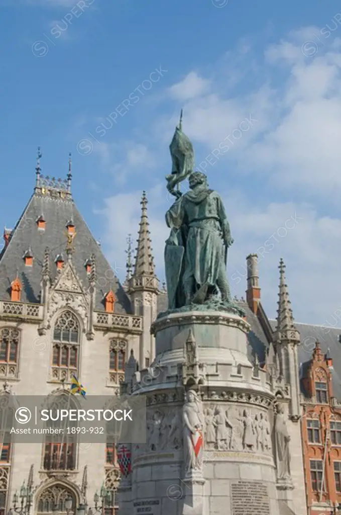 Belgium, Bruges, Grote Markt, View of Statue of Jan Breydel and Pieter de Coninck