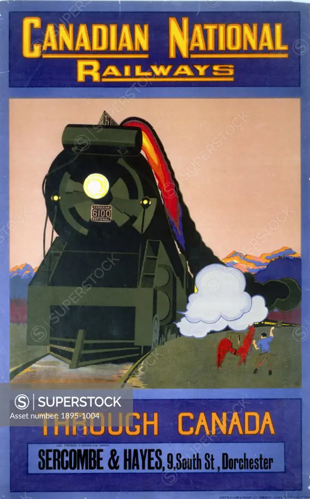 Canadian National Railways poster. ´Through Canada´ by Moy-Thomas. Canadian National locomotive no 6100 and train with mountains in   background. Issu...