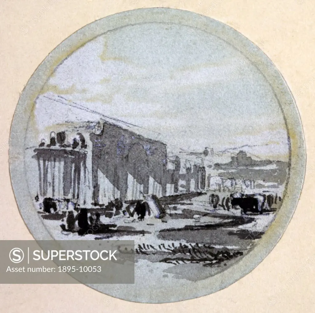 Wash drawing by John Cooke Bourne, from a collection of views on the construction of the London & Birmingham Railway (LBR). In 1833, Robert Stephenson...