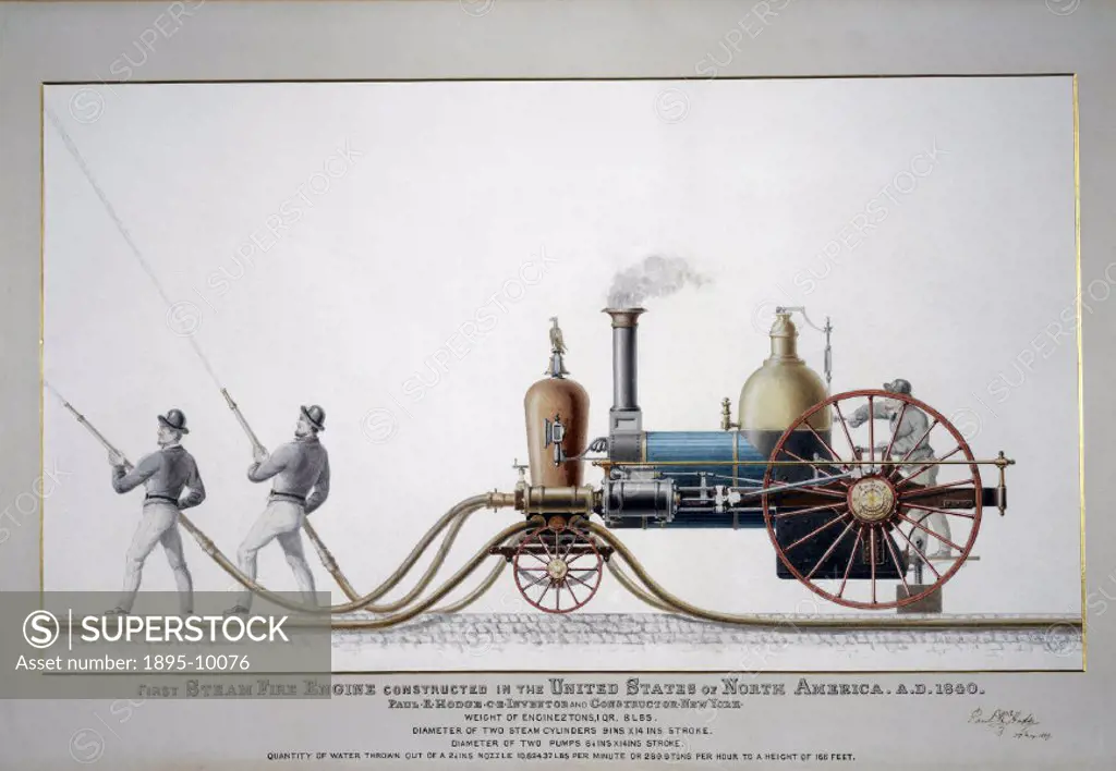 This watercolour drawing by G Pooley shows the first steam fire engine built in the United States. It was constructed in New York in 1840 by Paul R Ho...