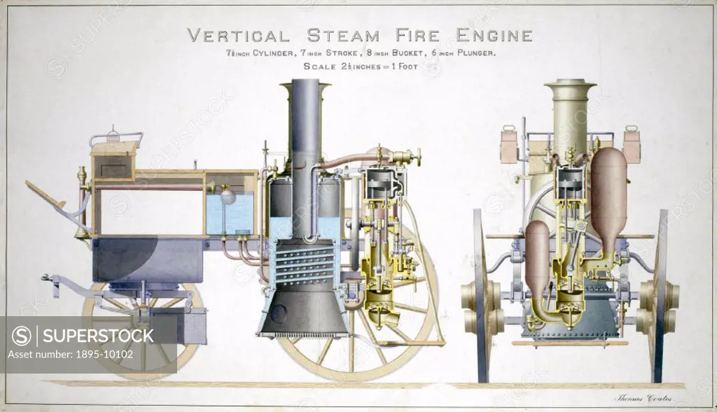 This coloured scale drawing by Thomas Coates shows a cross-sectional diagram of a ´London Brigade Vertical´ steam fire engine made by Shand Mason & Co...
