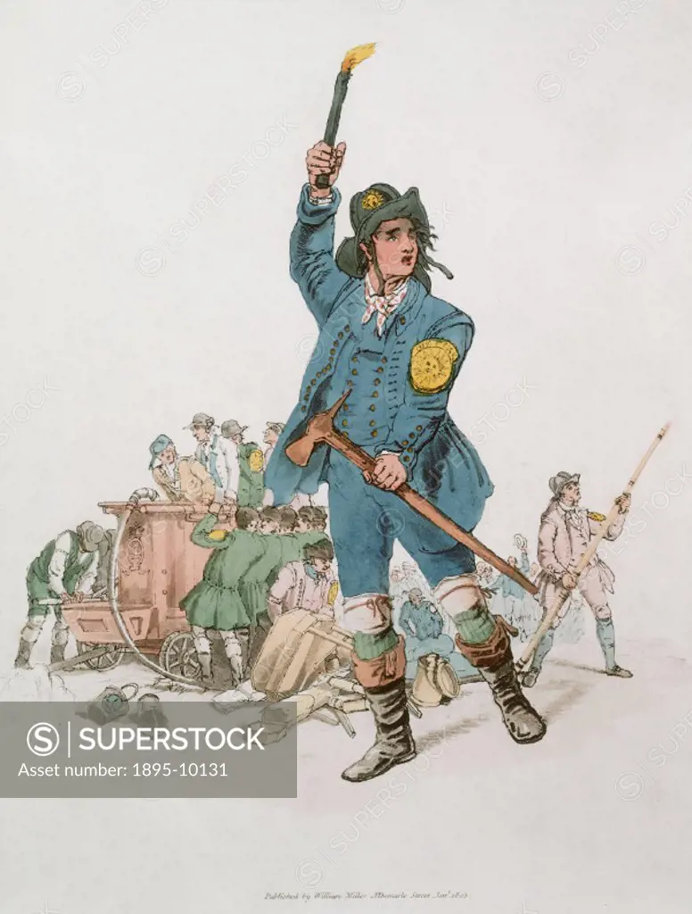 This aquatint taken from Costume of Great Britain’ by W H Pyne, 1808, shows a London fireman dressed in the uniform of the Sun Fire insurance company...