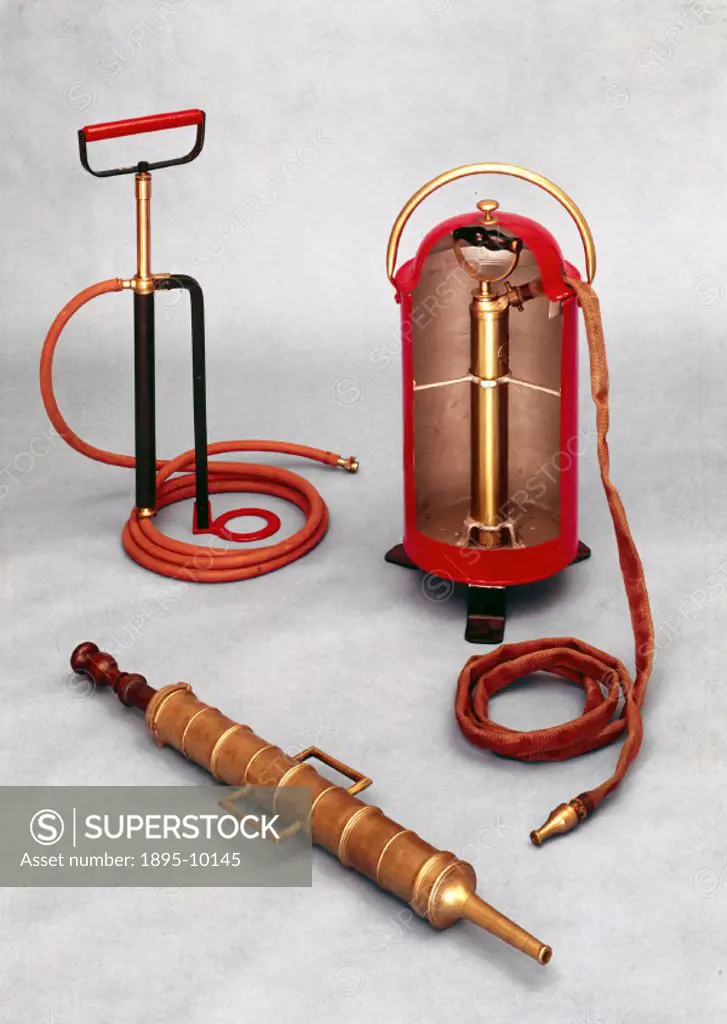 The syringe, or fire squirt (front), was made about 1750 and was one of three kept ready for use in the Parish Church of St Dionis-Backchurch, London....