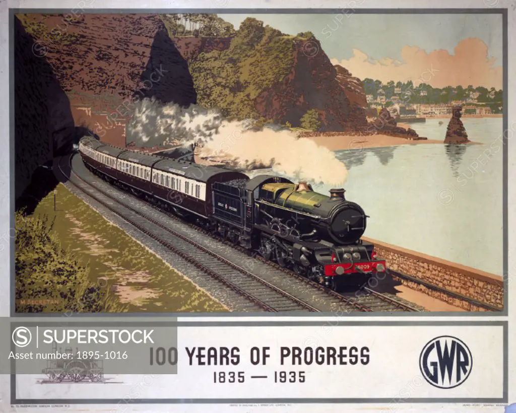 Poster produced for Great Western Railway to mark the centenary of the Great Western. Locomotive King Charles II with the Cornish Riviera Express emer...
