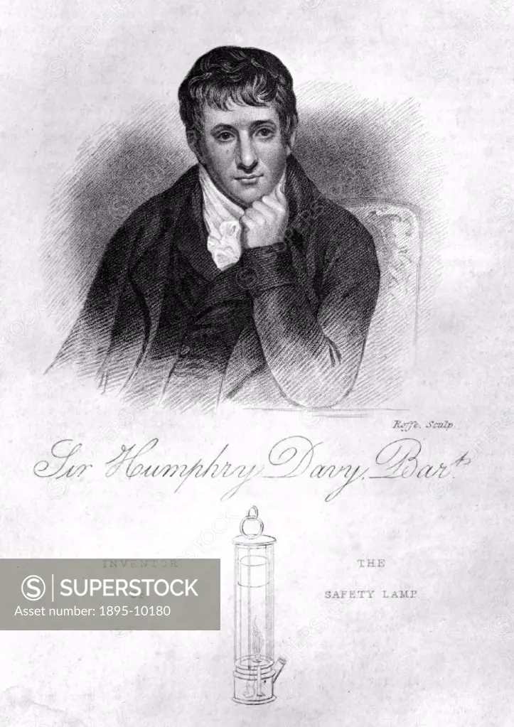 Engraving by Roffe after an original painting by Henry Howard. Whilst at the Pneumatic Institute in Bristol, Davy (1778-1829) discovered the anaesthet...