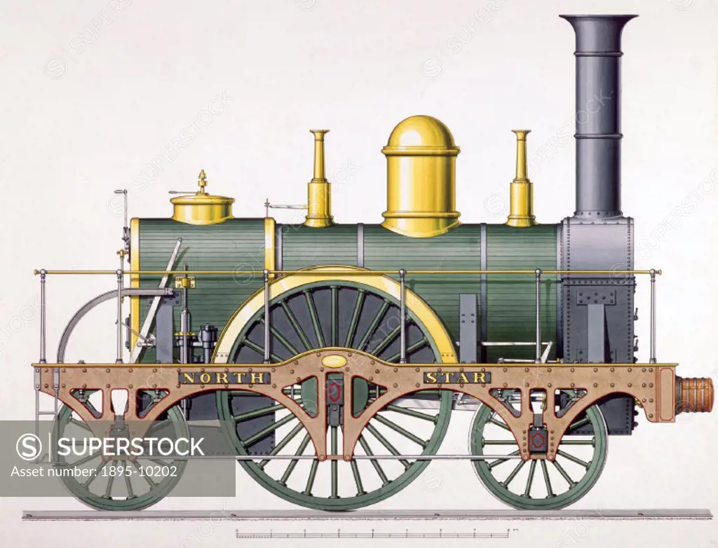Coloured and shaded side elevation drawing (scale 1:8). This locomotive was designed by Robert Stephenson & Co for the Great Western Railway. The draw...