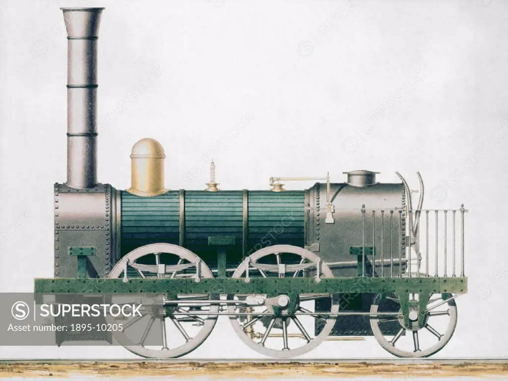 Watercolour drawing (scale 1:19) made in 1846 by William Parsey showing a locomotive built by Robert Stephenson (1803-1859) & Co in 1833.