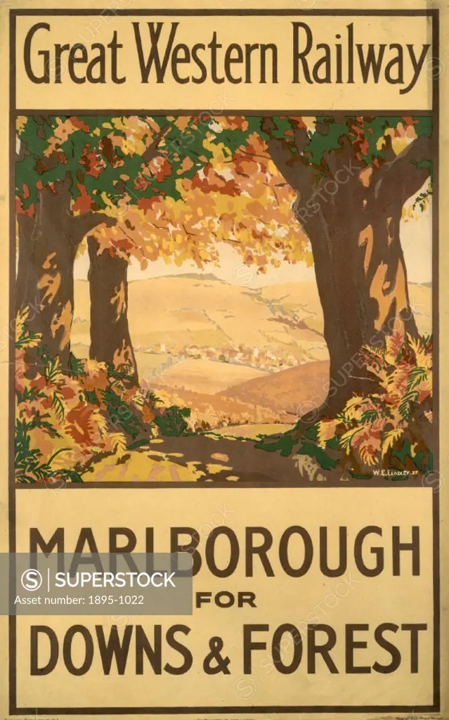 Great Western Railway poster showing the downs framed by trees in Savernake Forest. Artwork by W E Leadley.