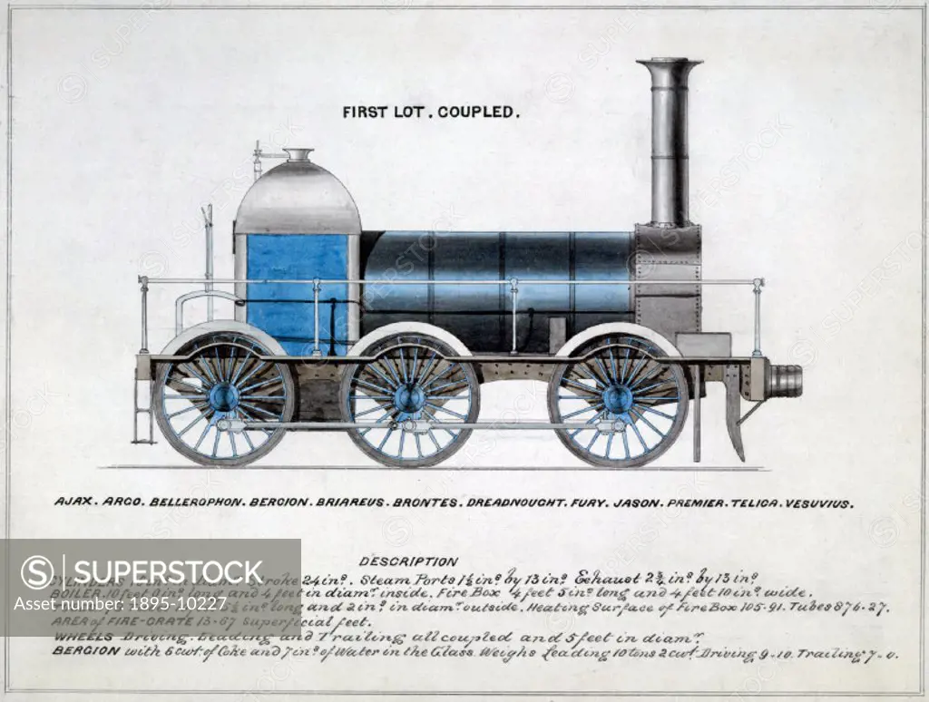 Side elevation drawing taken from the book ´Locomotives of the GWR 1857´. Beneath the image, the names of 12 locomotives built to this specification f...
