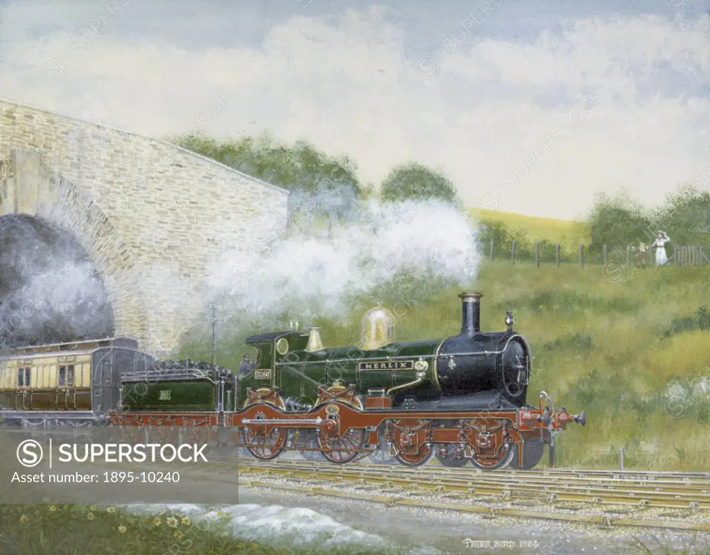 Acrylic painting by Peter Bird, signed and dated 1984, showing ´Merlin´, a 4-4-0 steam locomotive built in 1895 for the Great Western Railway (GWR). T...