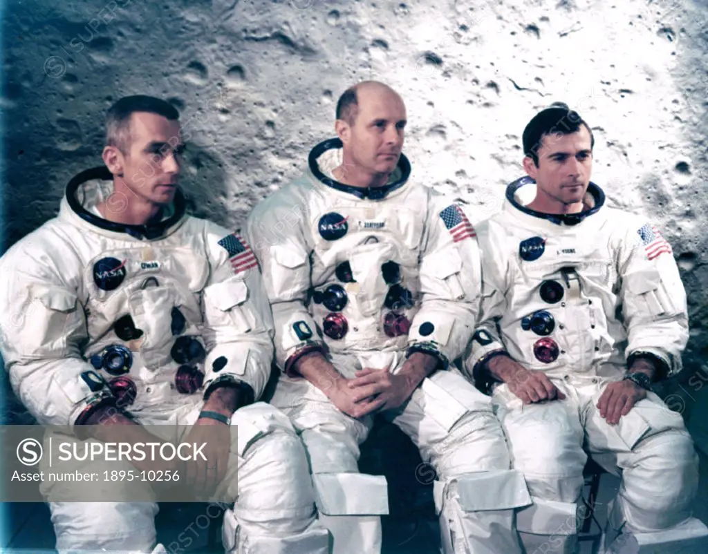 ´Left to right; Eugene Cernan, Thomas Stafford and John Young in spacesuits in front of a representation of the lunar surface. Crewed by these three a...