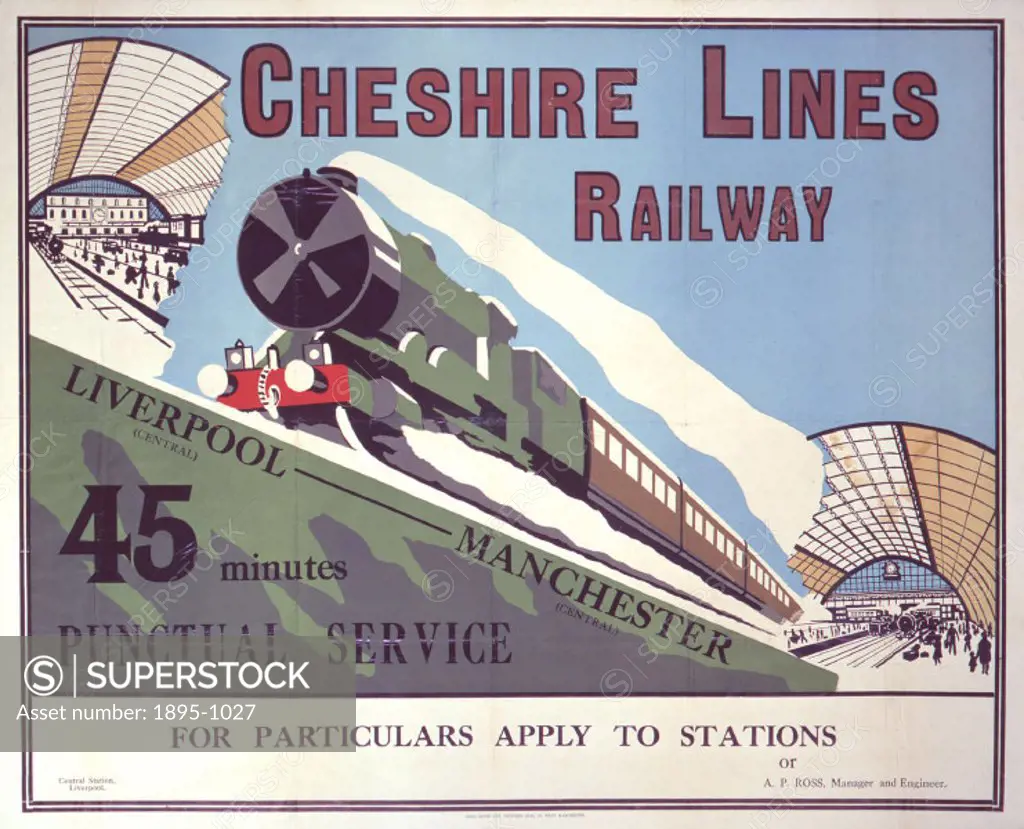 Poster produced for the Cheshire Lines Railway to promote rail services between Liverpool in Manchester. The poster shows a train travelling between t...