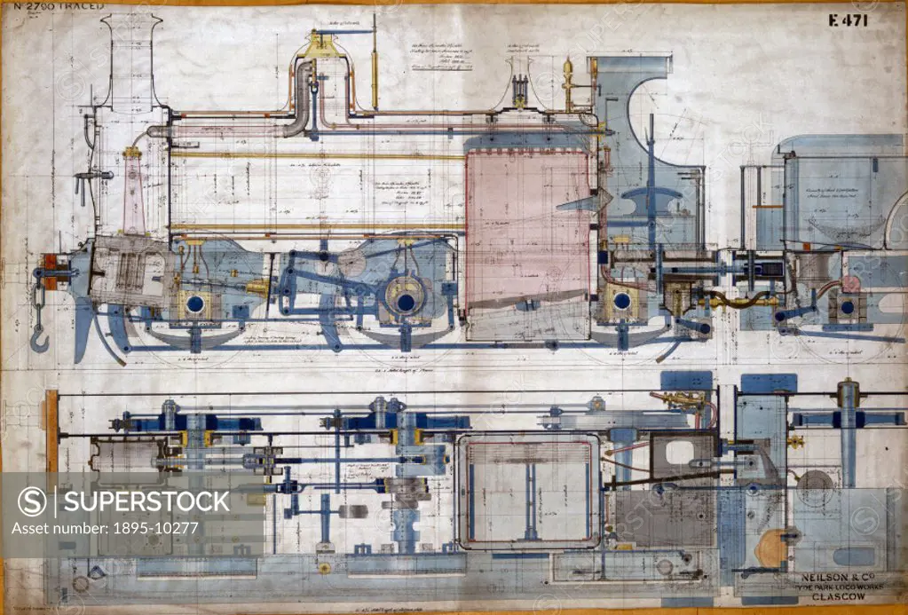 General arrangement drawing of a tank locomotive made by Neilson & Co at the Hyde Park locomotive works in Glasgow, for the Somerset & Dorset Joint Ra...