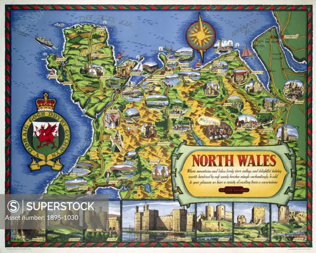 British Railways (LMR) poster showing a map of North Wales tourist attractions with views of castles below. Artwork by D W Burley.