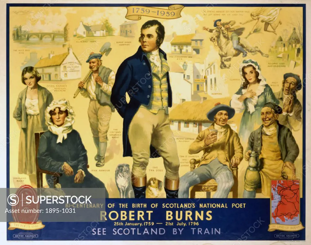 British Railways (Scottish Region) poster commemorating the Bi-Centenary of the Birth of Scotland´s National Poet Robert Burns (1759-1796) surrounded ...