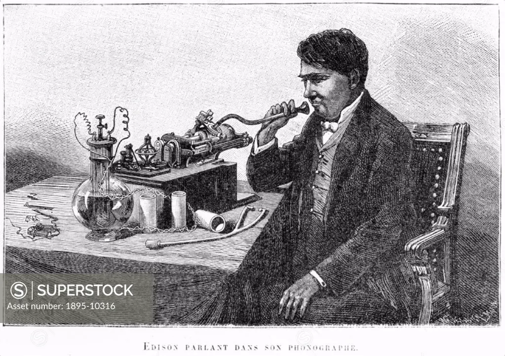 Engraving of Edison speaking into the phonograph. Thomas Alva Edison (1847-1931) was a prolific American inventor who registered over 1000 patents. Hi...