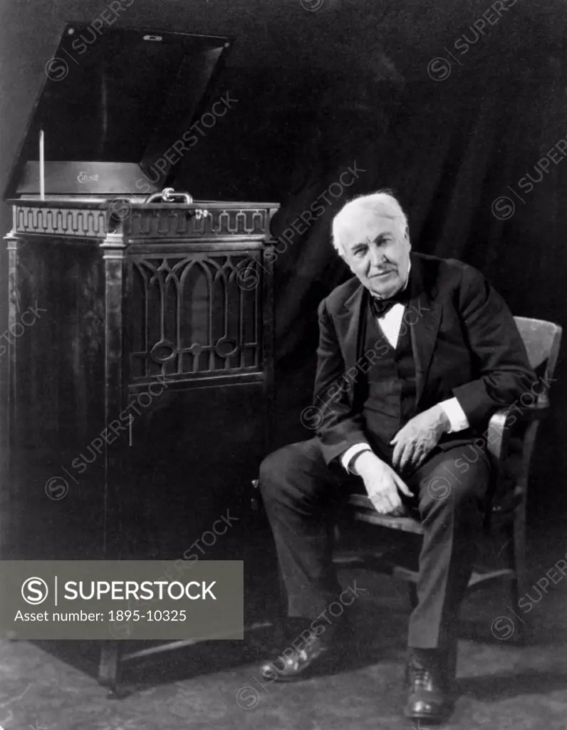Thomas Edison is depicted here in old age, seated next to an 1889 ´Edison´ brand phonograph. Edison (1847-1931) was a prolific American inventor who r...