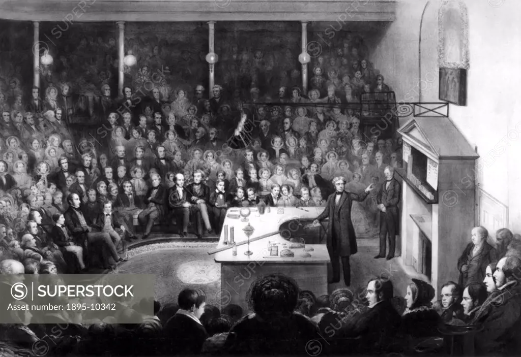 Tinted lithograph by Leighton Bros after A Blaikley showing Faraday lecturing at the Royal Institution. The original was painted to commemorate the at...