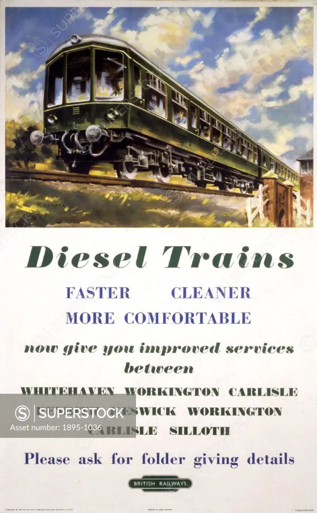 Diesel Trains now give you Improved services between Whitehaven, Workington...´ BR (LMR) poster, c 1950s. Poster produced by British Railways (London ...