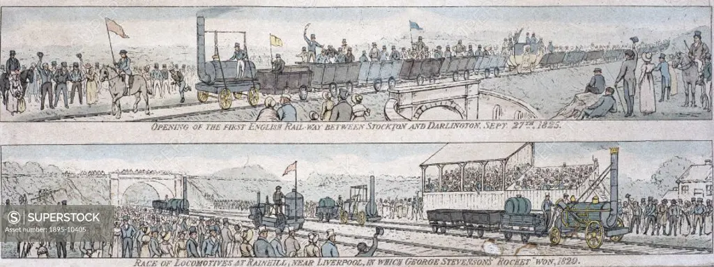 Lithographs published by the Leadenhall Press, London, in 1894, showing the opening of the Stockton & Darlington Railway, 27 September 1825, and the R...