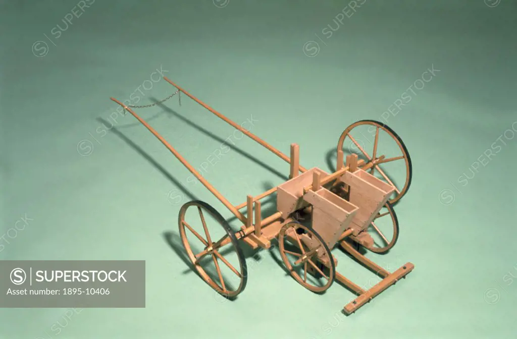 Model (scale 1:4). Jethro Tulls seed drill represented a major step towards the mechanisation of soil cultivation. The machine would be drawn by a ho...