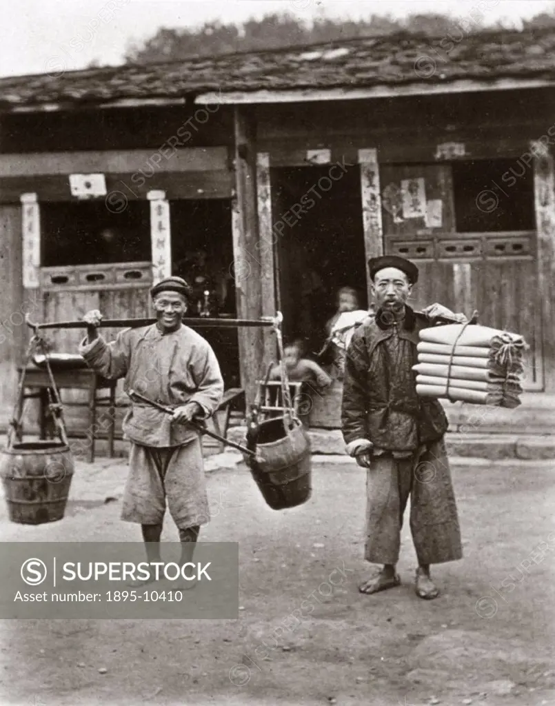 Two Chinese street vendors; the man on the left carries a yoke with two containers, the other holds folded lengths of fabric. Plate from Foochow and ...