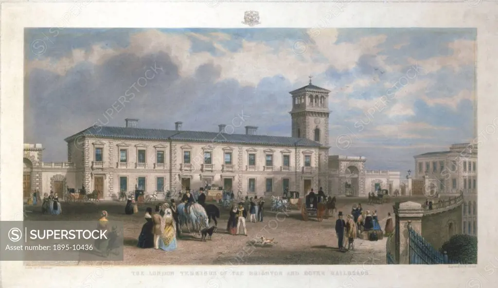 Colour engraving by H Adlard after an original drawing by J Marchant. London Bridge Station was designed by Thomas Turner and Henry Roberts. The stati...
