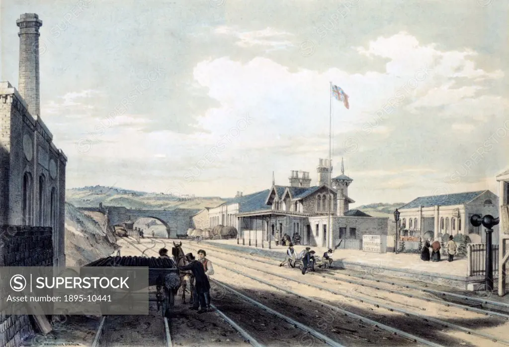 Coloured lithograph, drawn and lithographed by Arthur Fitzwilliam Tait (1819-1905), showing a view of the tracks and platforms of Brighouse Station, o...