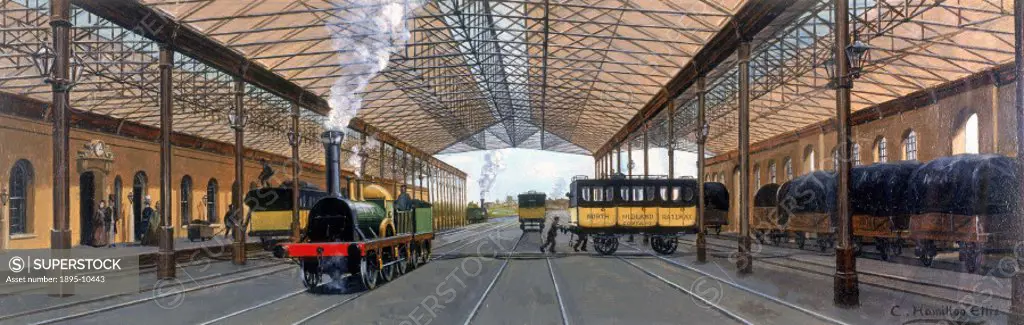 Oil painting by Cuthbert Hamilton Ellis for a 1951 British Railways (London, Midland Region) carriage print entitled ´Travel in 1850´. The North Midla...