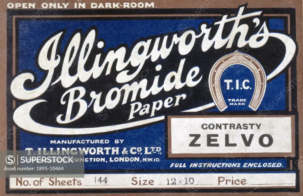 Label from a box of 44 sheets of 12x10 bromide photographic paper manufactured by T. Illingworth & Co Ltd of Willesden Junction, London NW10. The box ...