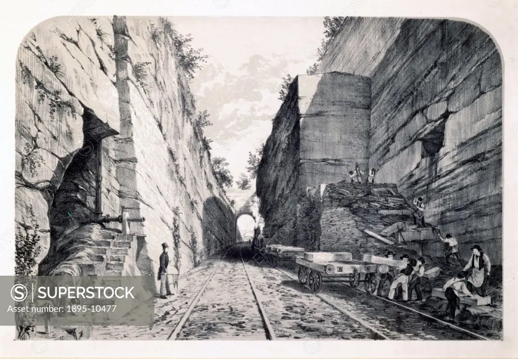 Lithograph, drawn and lithographed by Arthur Fitzwilliam Tait (1819-1905), showing stone being loaded onto a train at Olive Mount Cutting, on the Lond...