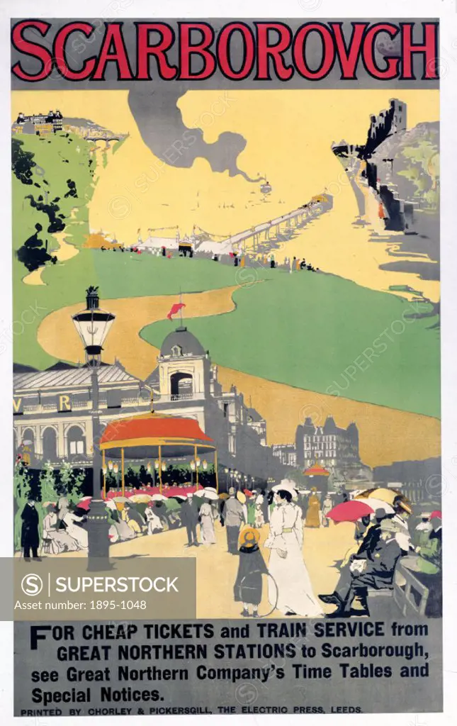Great Northern Railway poster showing the pavilion, castle, pier, gardens and beach.