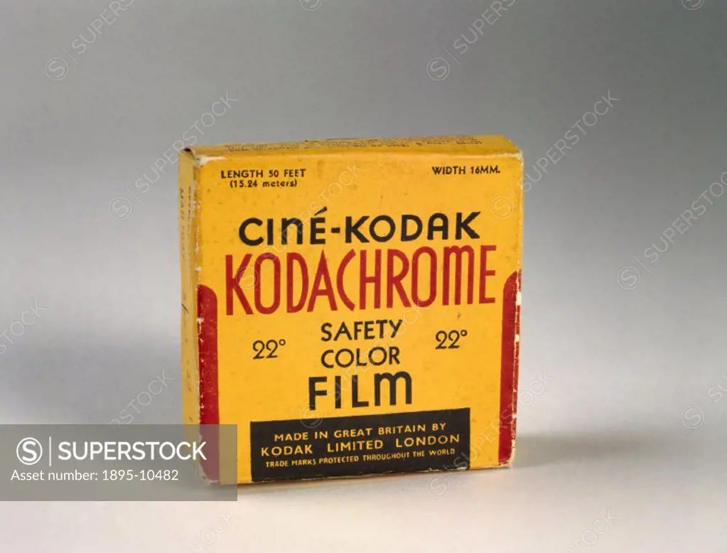Box of Cine-Kodak Kodachrome 16mm safety colour film, c 1935.This was the first 16mm colour reversal film. The development of a colour reversal film w...