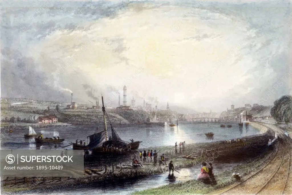 Coloured lithograph engraved by S Davies after a drawing by James Wilson Carmichael (1800-1868), of the view up the River Tyne towards Newcastle from ...