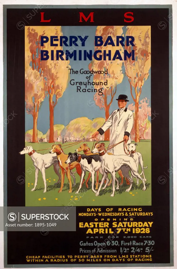 Poster produced for the London Midland & Scottish Railway (LMS) advertising the Easter season of greyhound racing at this well known racetrack. Image ...