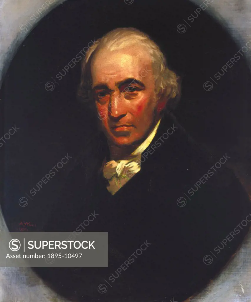 Oil painting by Abraham Wivell, 1856, after the original of 1801 by Sir William Beechey, RA. James Watt (1736-1819) invented the modern steam engine, ...