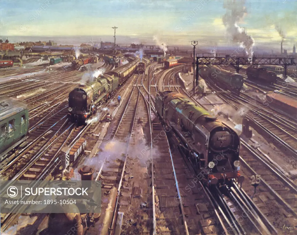 Colour print from a painting by Terence Cuneo looking down towards Clapham Junction in London.
