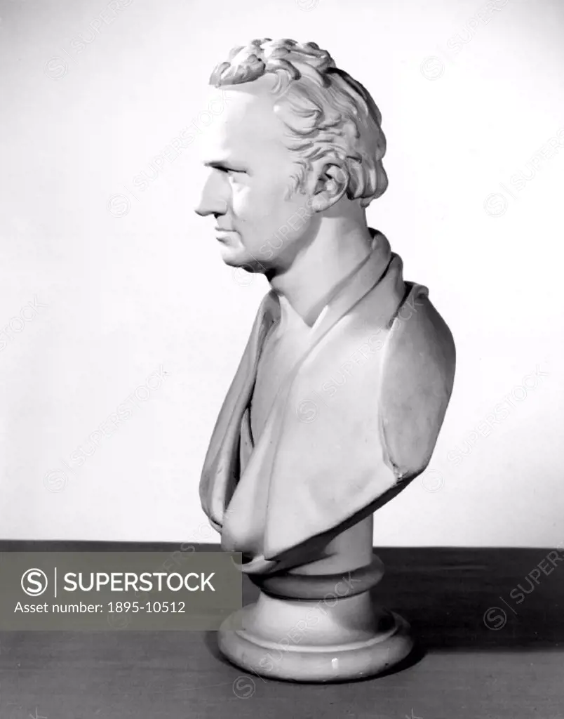 Plaster bust of Sir Marc Isambard Brunel (1769-1849). Brunel travelled to America where he lived for six years and worked as a land surveyor, an archi...